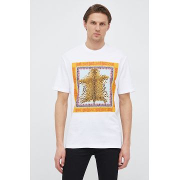 Just Cavalli tricou din bumbac culoarea alb, cu imprimeu