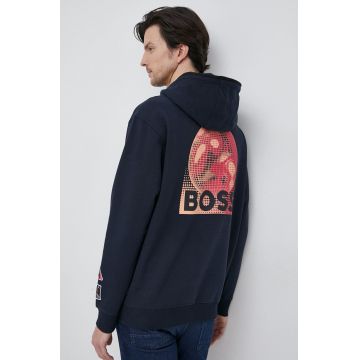 BOSS bluza BOSS ORANGE barbati, culoarea albastru marin, cu glugă, cu imprimeu