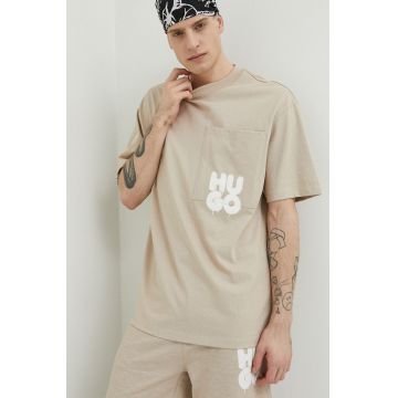 HUGO tricou din bumbac culoarea bej, cu imprimeu