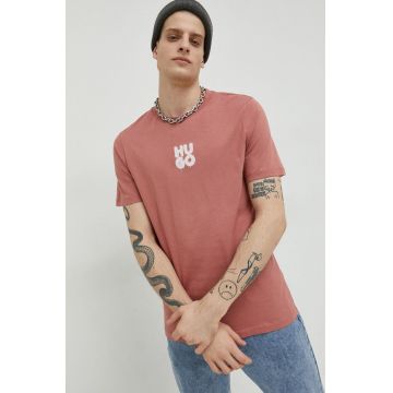 HUGO tricou din bumbac culoarea roz, cu imprimeu