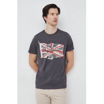 Pepe Jeans tricou din bumbac Flag culoarea gri, cu imprimeu