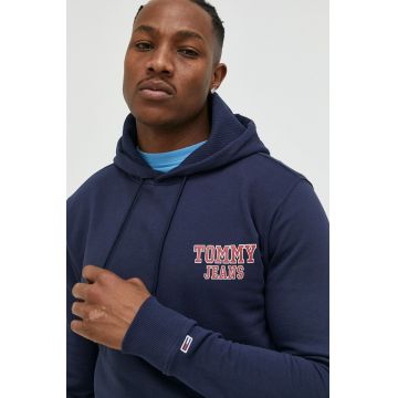 Tommy Jeans hanorac de bumbac barbati, culoarea albastru marin, cu glugă, cu imprimeu