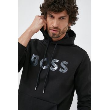 BOSS bluza BOSS GREEN barbati, culoarea negru, cu glugă, cu imprimeu