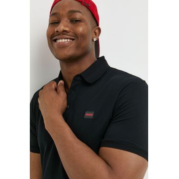 HUGO polo de bumbac culoarea negru, cu imprimeu
