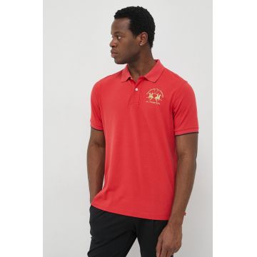 La Martina tricou polo barbati, culoarea rosu, cu imprimeu