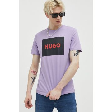 HUGO tricou din bumbac culoarea violet, cu imprimeu