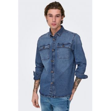 Jacheta-camasa din denim cu buzunare cu clapa