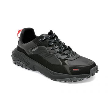 Pantofi HUGO negri, 3048, din material textil si piele ecologica