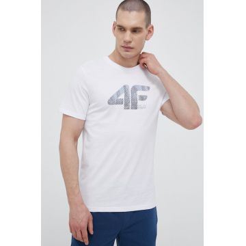 4F tricou din bumbac culoarea alb, cu imprimeu