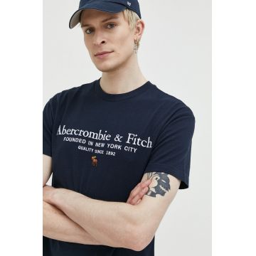 Abercrombie & Fitch tricou din bumbac culoarea albastru marin, cu imprimeu