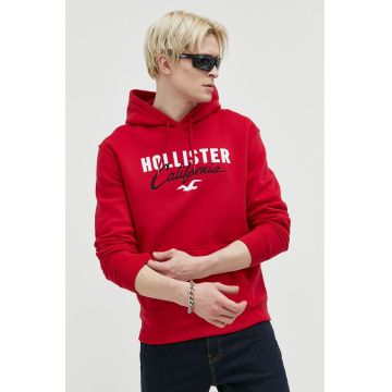 Hollister Co. bluza barbati, culoarea rosu, cu glugă, cu imprimeu