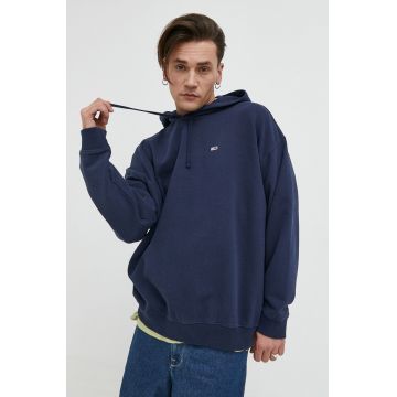 Tommy Jeans hanorac de bumbac barbati, culoarea albastru marin, cu glugă, neted