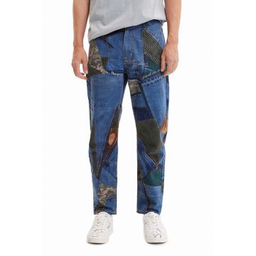 Desigual pantaloni de bumbac culoarea albastru marin, drept