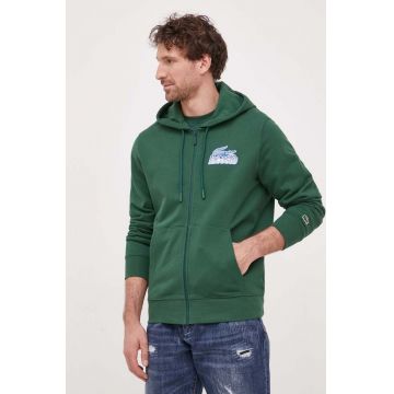 Lacoste hanorac de bumbac barbati, culoarea verde, cu glugă, cu imprimeu