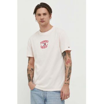 Tommy Jeans tricou din bumbac culoarea roz, cu imprimeu