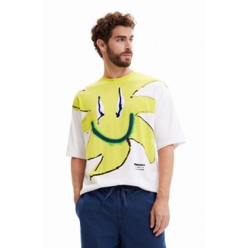 Desigual tricou din bumbac culoarea alb, cu imprimeu