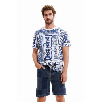 Desigual tricou din bumbac culoarea alb, modelator