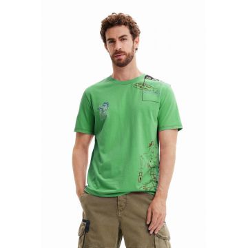 Desigual tricou din bumbac culoarea verde, cu imprimeu