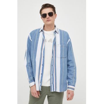 Pepe Jeans camasa jeans barbati, culoarea albastru marin, cu guler clasic, relaxed