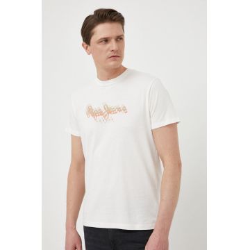 Pepe Jeans tricou din bumbac culoarea bej, cu imprimeu