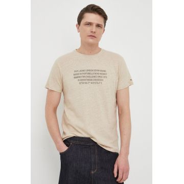 Pepe Jeans tricou din amestec de in Ricci culoarea bej, cu imprimeu