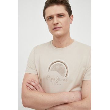 Pepe Jeans tricou din bumbac Richmond culoarea bej, cu imprimeu