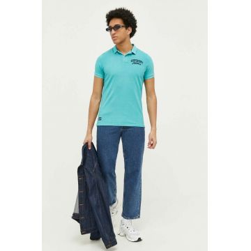 Superdry polo de bumbac culoarea turcoaz, cu imprimeu