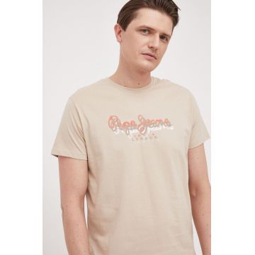Pepe Jeans tricou din bumbac Richme culoarea bej, cu imprimeu
