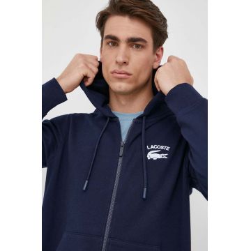 Lacoste hanorac de bumbac barbati, culoarea albastru marin, cu glugă, cu imprimeu