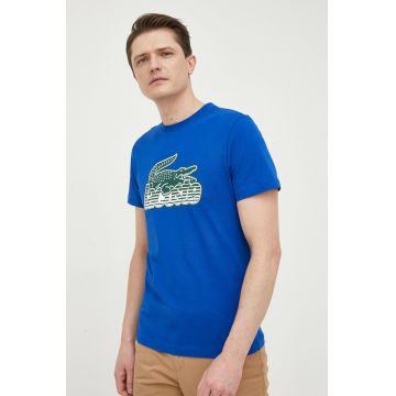 Lacoste tricou din bumbac culoarea albastru marin, cu imprimeu