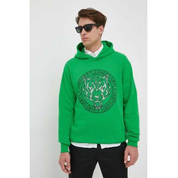 PLEIN SPORT bluza barbati, culoarea verde, cu glugă, cu imprimeu