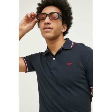 Superdry polo de bumbac culoarea albastru marin, neted