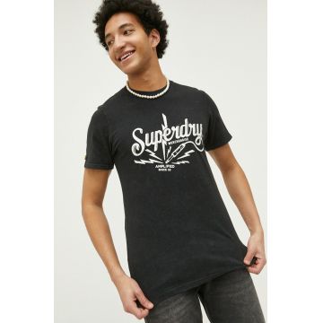 Superdry tricou din bumbac culoarea negru, cu imprimeu