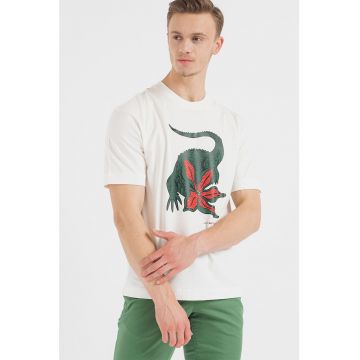 Tricou cu imprimeu logo si decolteu la baza gatului