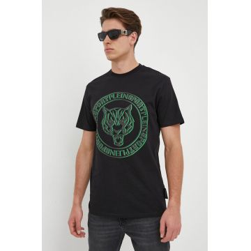 PLEIN SPORT tricou din bumbac culoarea negru, cu imprimeu