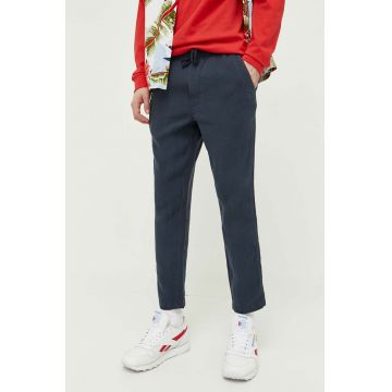 Superdry pantaloni din in culoarea albastru marin, drept