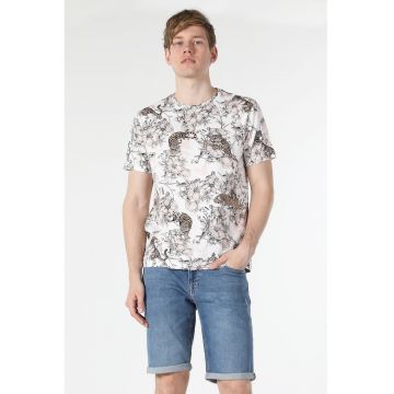 Tricou cu decolteu la baza gatului si imprimeu cu tigri - Alb/Negru/Maro camel