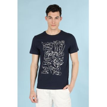 Tricou cu decolteu la baza gatului si imprimeu grafic - Crem/Bleumarin
