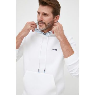BOSS bluza BOSS GREEN barbati, culoarea alb, cu glugă, cu imprimeu