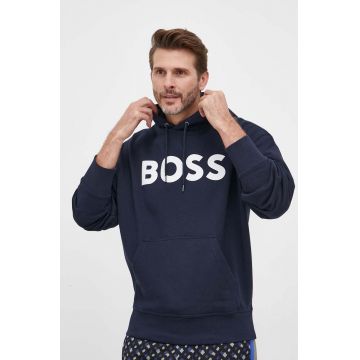 BOSS hanorac de bumbac BOSS ORANGE barbati, culoarea albastru marin, cu glugă, cu imprimeu