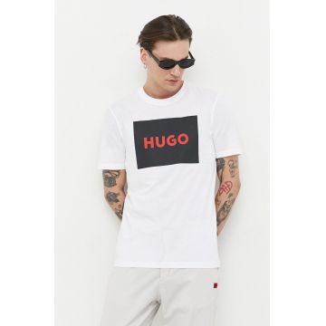 HUGO tricou din bumbac culoarea alb, cu imprimeu