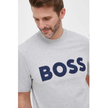 BOSS tricou din bumbac BOSS ORANGE culoarea gri, cu imprimeu