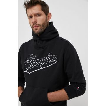 Champion bluza barbati, culoarea negru, cu glugă, cu imprimeu