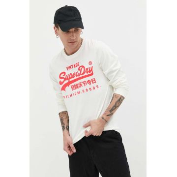 Superdry longsleeve din bumbac culoarea bej, cu imprimeu