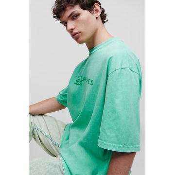 Tricou de bumbac organic cu imprimeu si maneci cazute - Verde menta