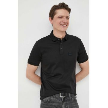 BOSS polo de bumbac culoarea negru, melanj