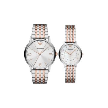 Emporio Armani set ceasuri AR90008 femei si barbati, culoarea argintiu