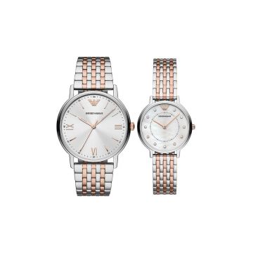 Emporio Armani set ceasuri AR90008 femei si barbati, culoarea argintiu