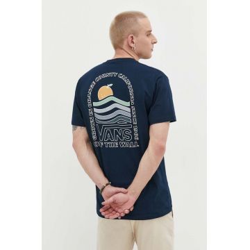 Vans tricou din bumbac culoarea albastru marin, cu imprimeu