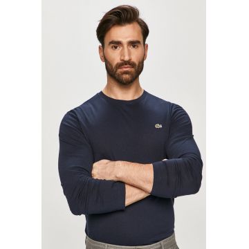 Lacoste longsleeve din bumbac culoarea albastru marin, neted